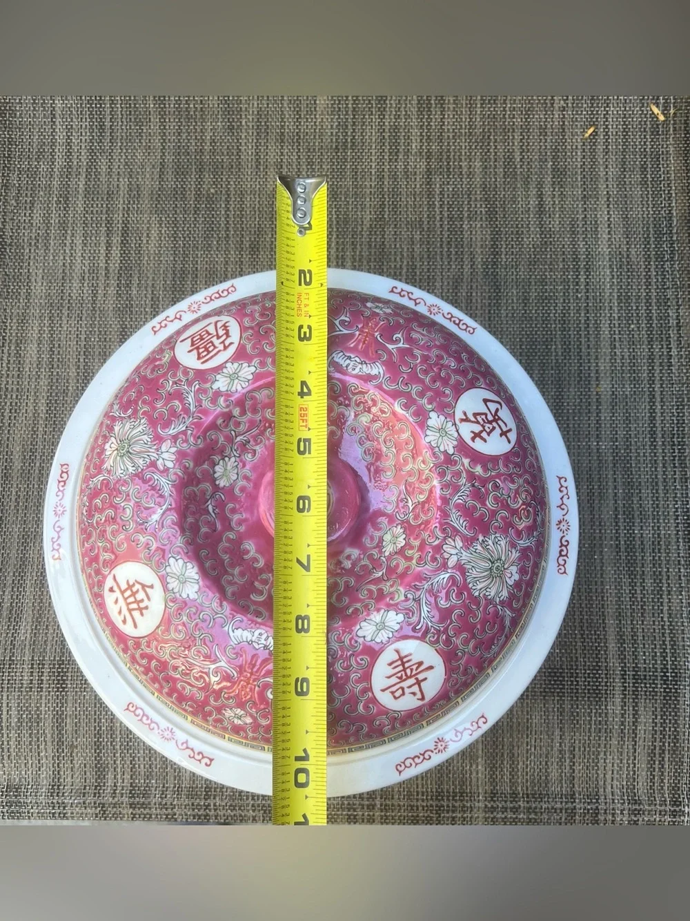 Chinese Porcelain Serving Bowl With 5 Bowls & Soup Spoons Pink Longevity Pattern